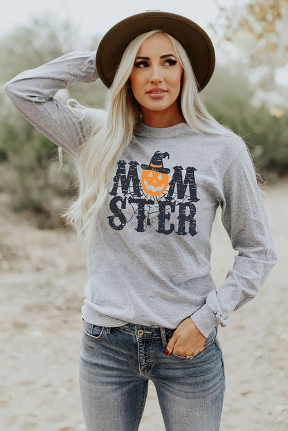 Mom Ster Halloween Pumpkin Graphic Crew Neck Top | Gray