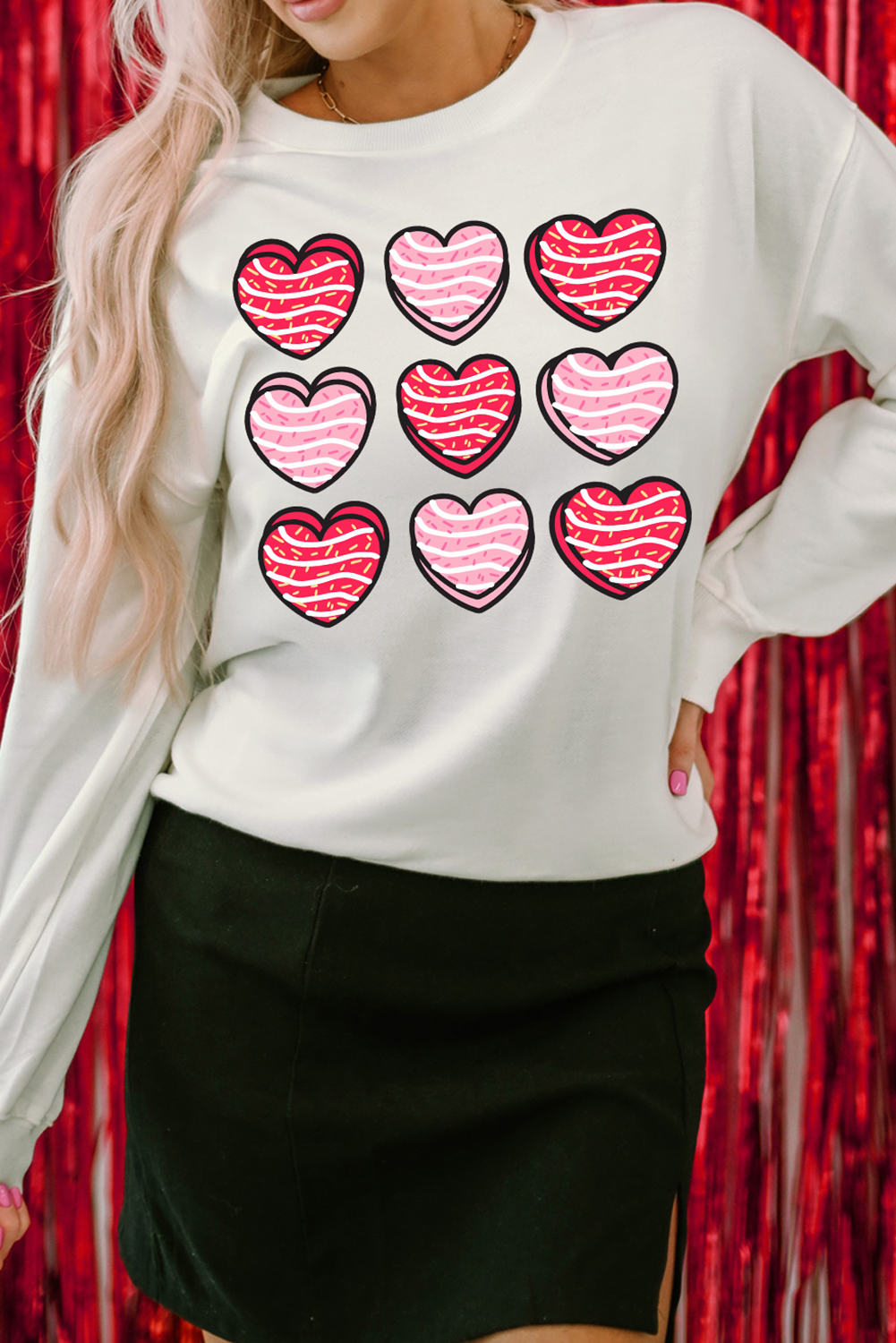 Heart Graphic Crewneck Valentines Pullover Sweatshirt | White