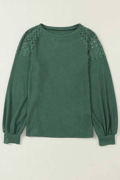 Green Lace Long Sleeve Textured Pullover | Blackish Green