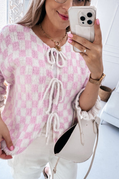 Checkered Knitted Lace-Up Ruffled 3/4 Sleeve Cardigan | Light Pink