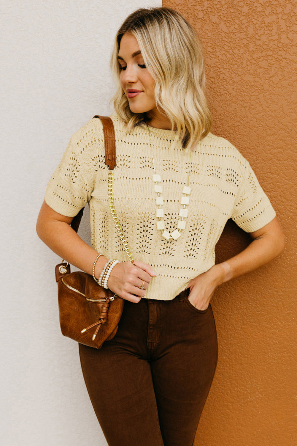 Knitted Hollow Out Short Sleeve Crop Sweater | Beige