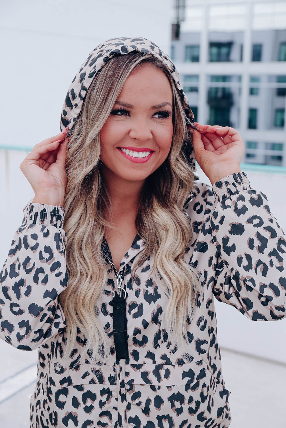 Zip Up Collared Hooded Windbreaker | Leopard