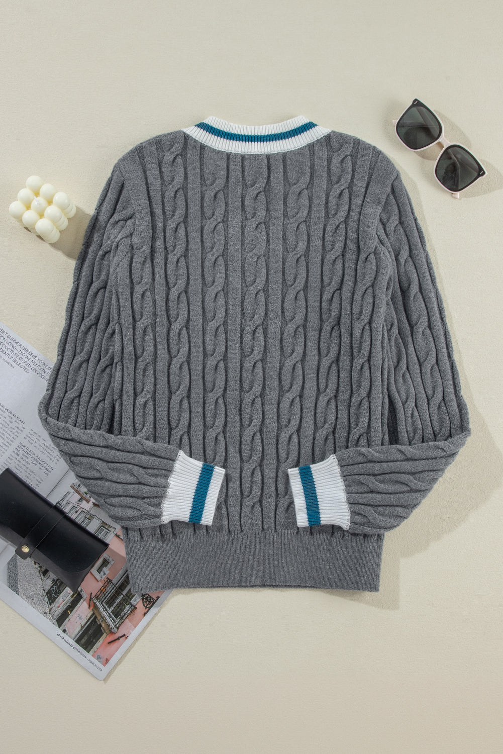 Colour Contrast Ribbed Edge Cable Knit V Neck Sweater | Medium Grey