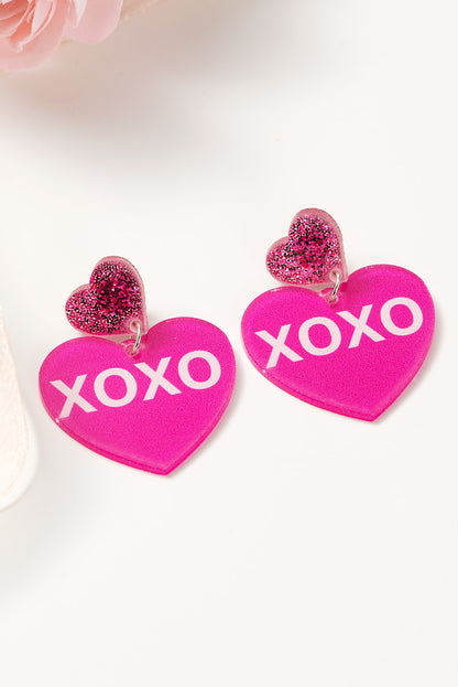 Rose Red Valentine XOXO Print Double Heart Shape Earrings