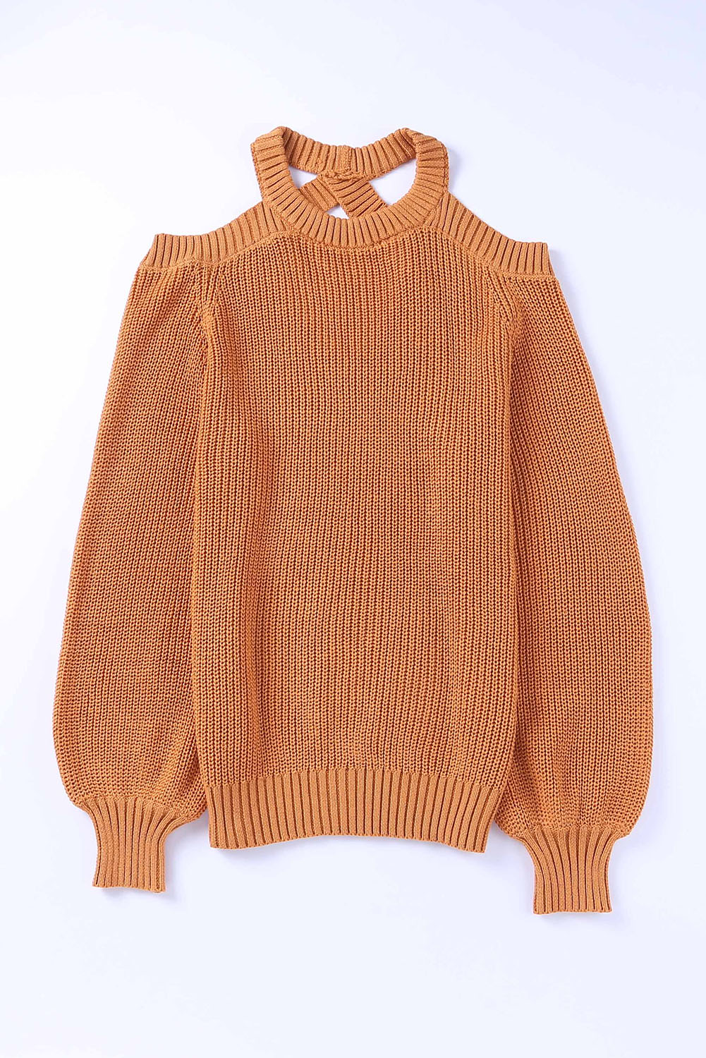 Crew Neck Cold Shoulder Hollow-Out Back Sweater | Brown