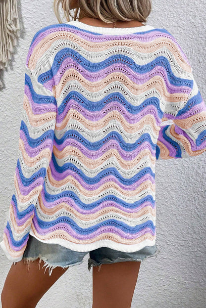 Wavy Pointelle Knit Drop Shoulder Sweater | Purple Stripe