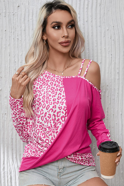 Rose Contrast Leopard Asymmetric Cold Shoulder Crossed Hem Top | Rose Red