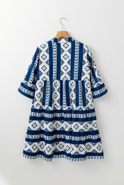 Geometric Print V Neck Ruffled Dress | Blue