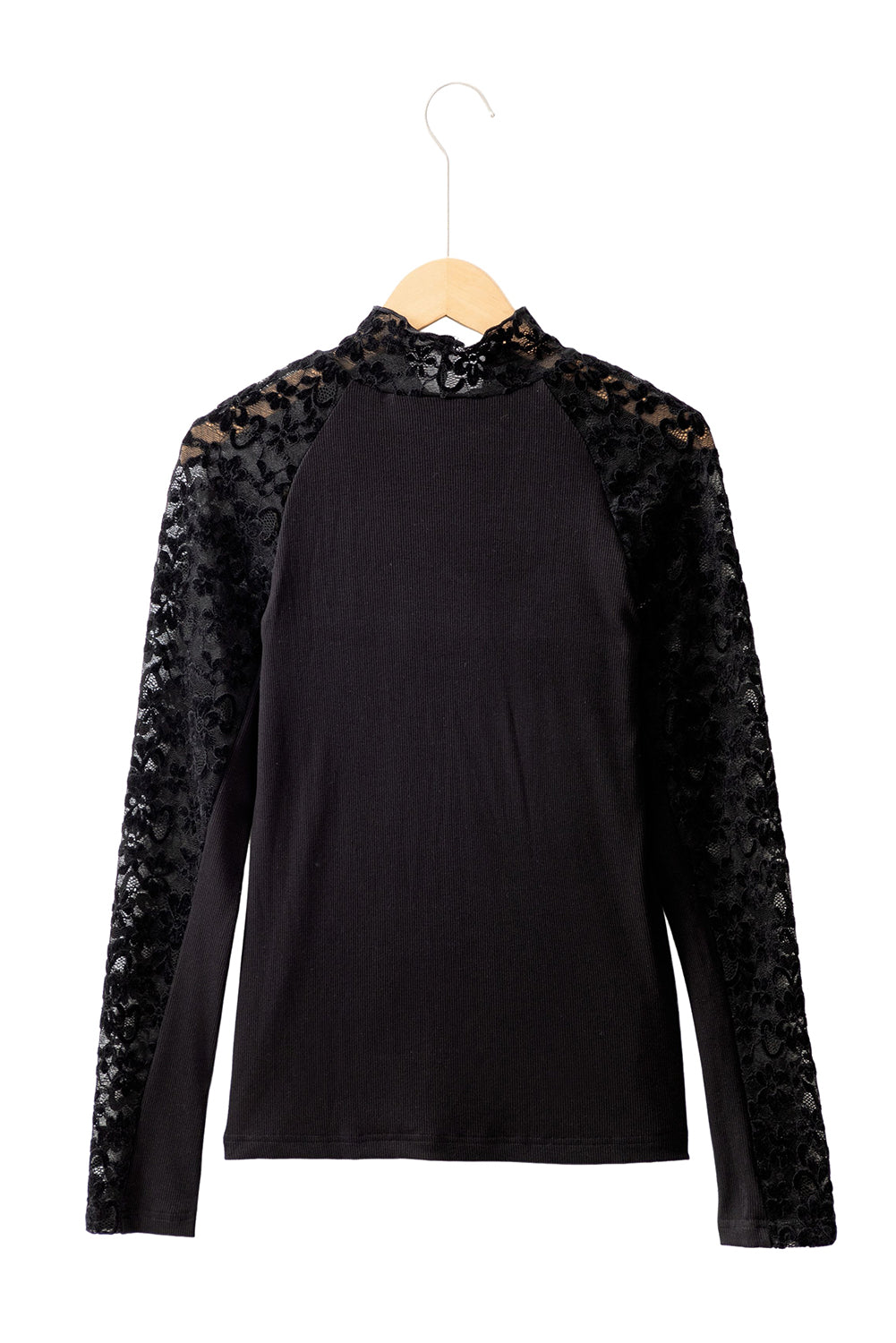 Floral Lace Patchwork Long Sleeve High Neck Slim Top | Black