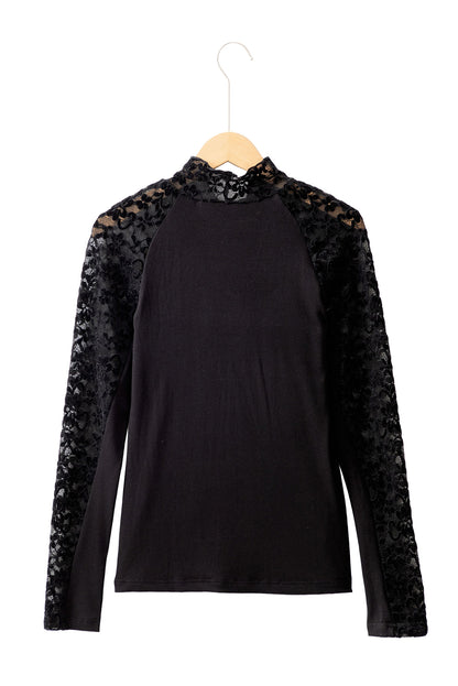 Floral Lace Patchwork Long Sleeve High Neck Slim Top | Black