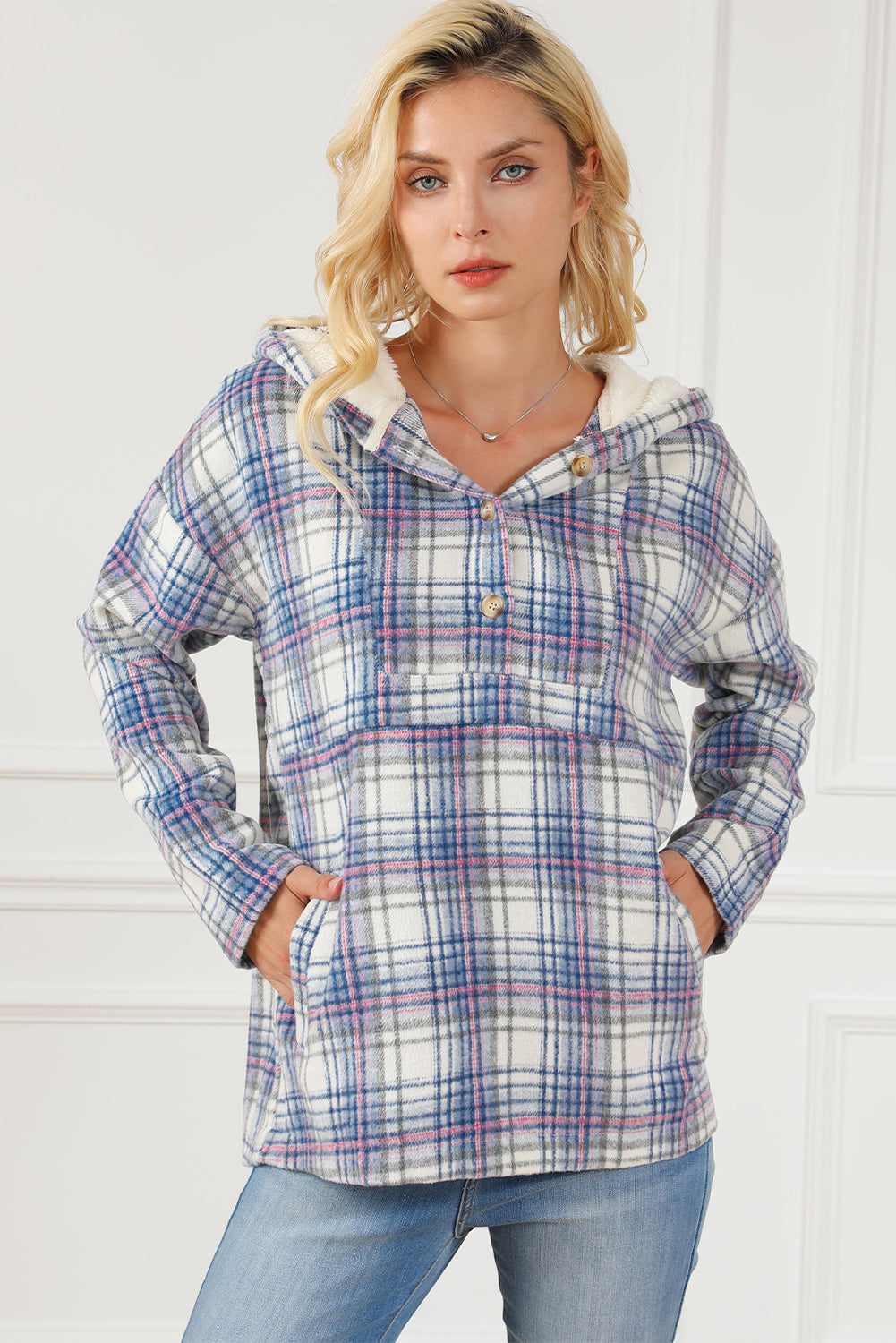 Plaid Button Neck Pocketed Pullover Hoodie | White