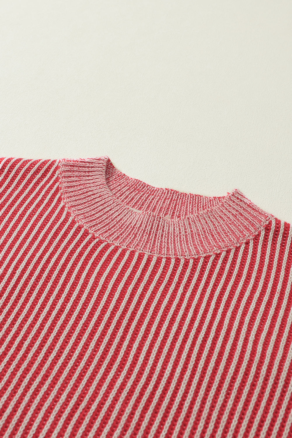 Striped Print Ribbed Trim Round Neck Sweater | Red