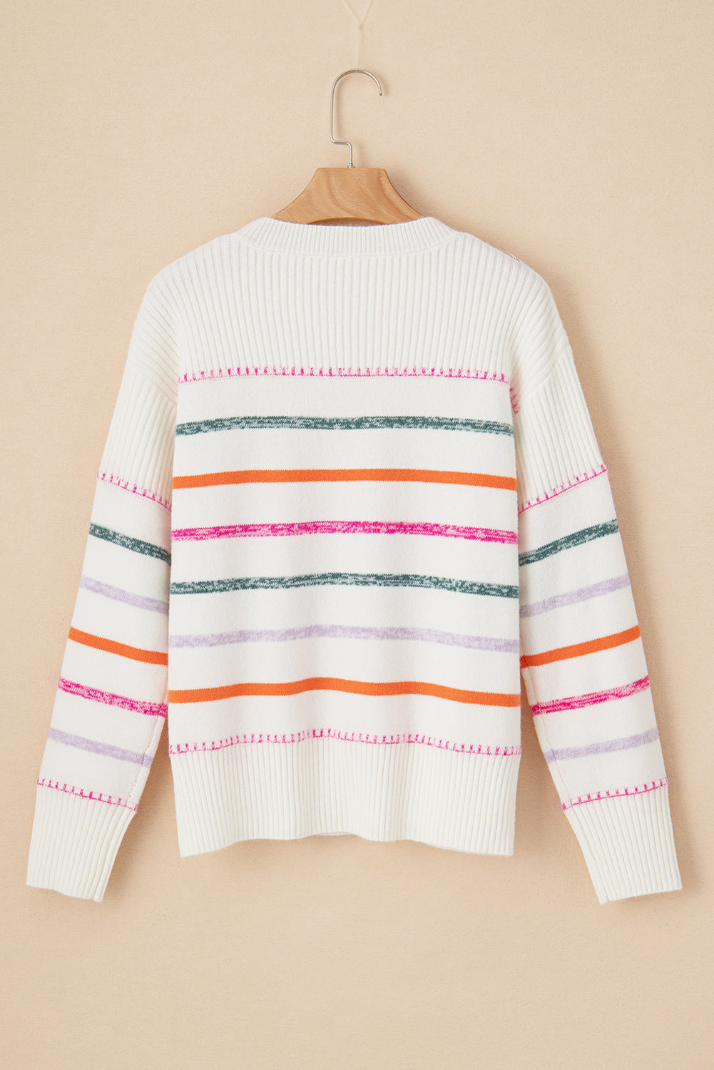 Colourful Striped Ribbed Trim Sweater | White