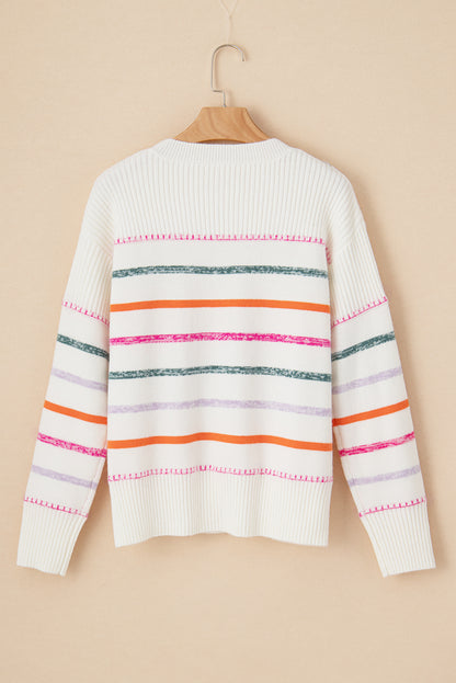 Colourful Striped Ribbed Trim Sweater | White