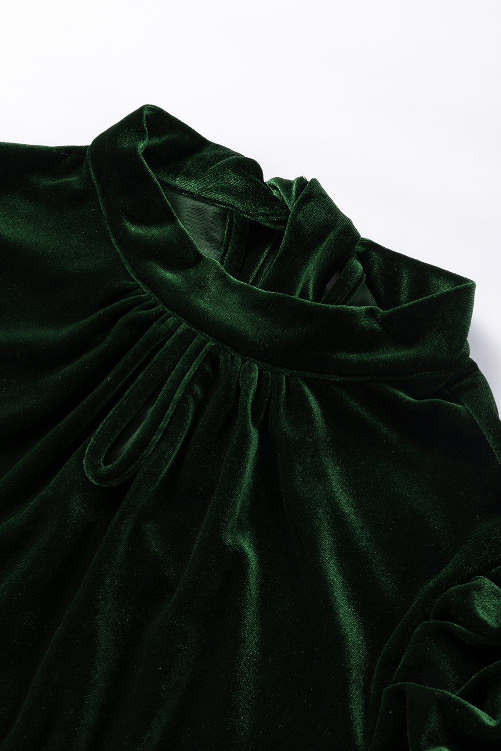 Mock Neck Puff Sleeve Velvet Blouse | Blackish Green