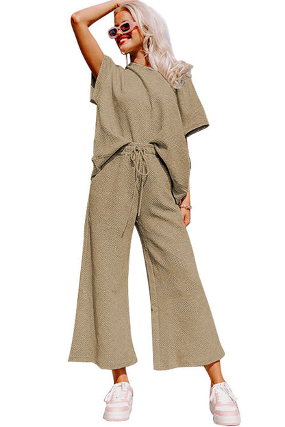 Pale Khaki Textured Loose Fit T Shirt And Drawstring Pants Set | Apricot khaki