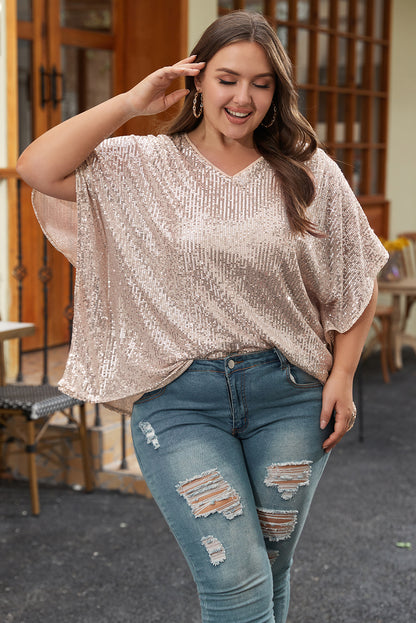 Plus Size Sequined V Neck Boxy Top | Apricot