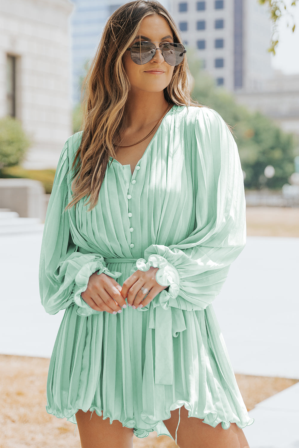 Pleated Ruffled Tie Waist Buttons V Neck Romper | Green