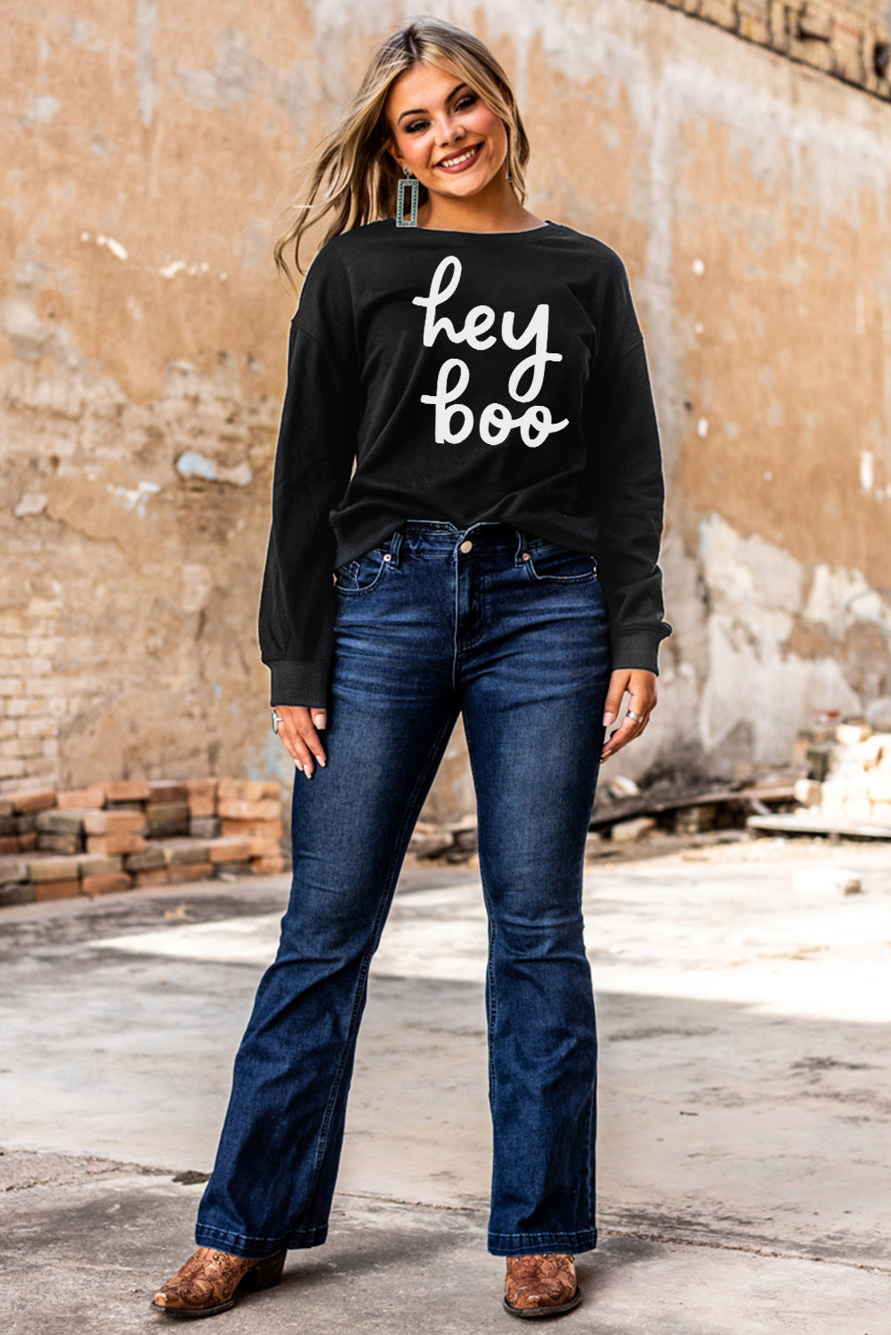 Hey Boo Letter Print Long Sleeve Pullover Sweatshirt | Black