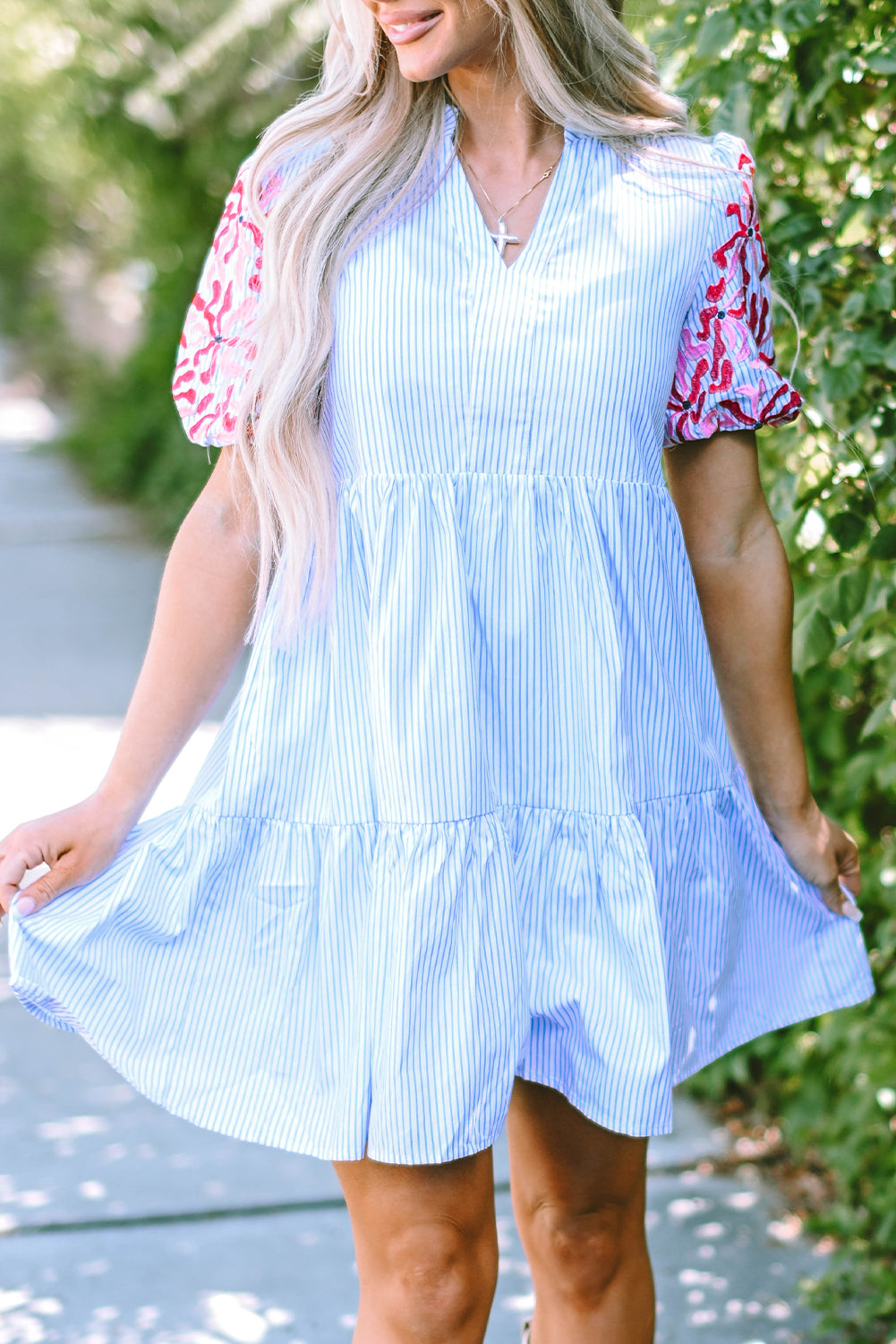 Contrast Floral Puff Sleeve Tiered Ruffle Dress | Sky Blue Stripe