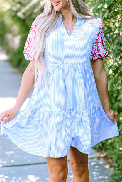 Contrast Floral Puff Sleeve Tiered Ruffle Dress | Sky Blue Stripe