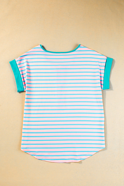 Contrast Trim Half Zip Short Sleeve Top | Pink Stripe