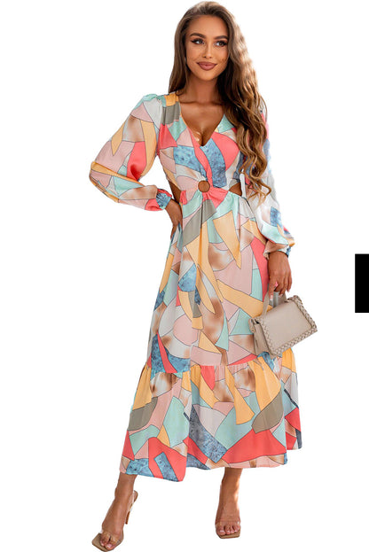 Abstract Print O-Ring Cut Out Long Sleeve Maxi Dress | Multicolour