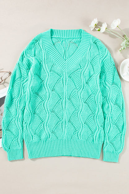 Hollow Out Knit V Neck Drop Shoulder Sweater | Mint Green