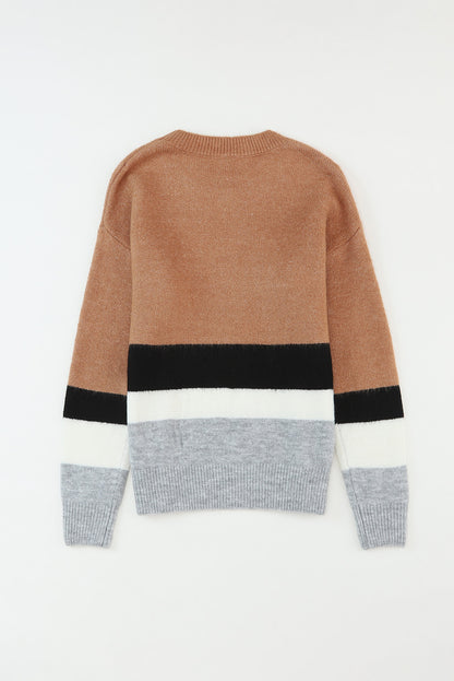 Colour Block Striped Ribbed Knit Sweater | Brown