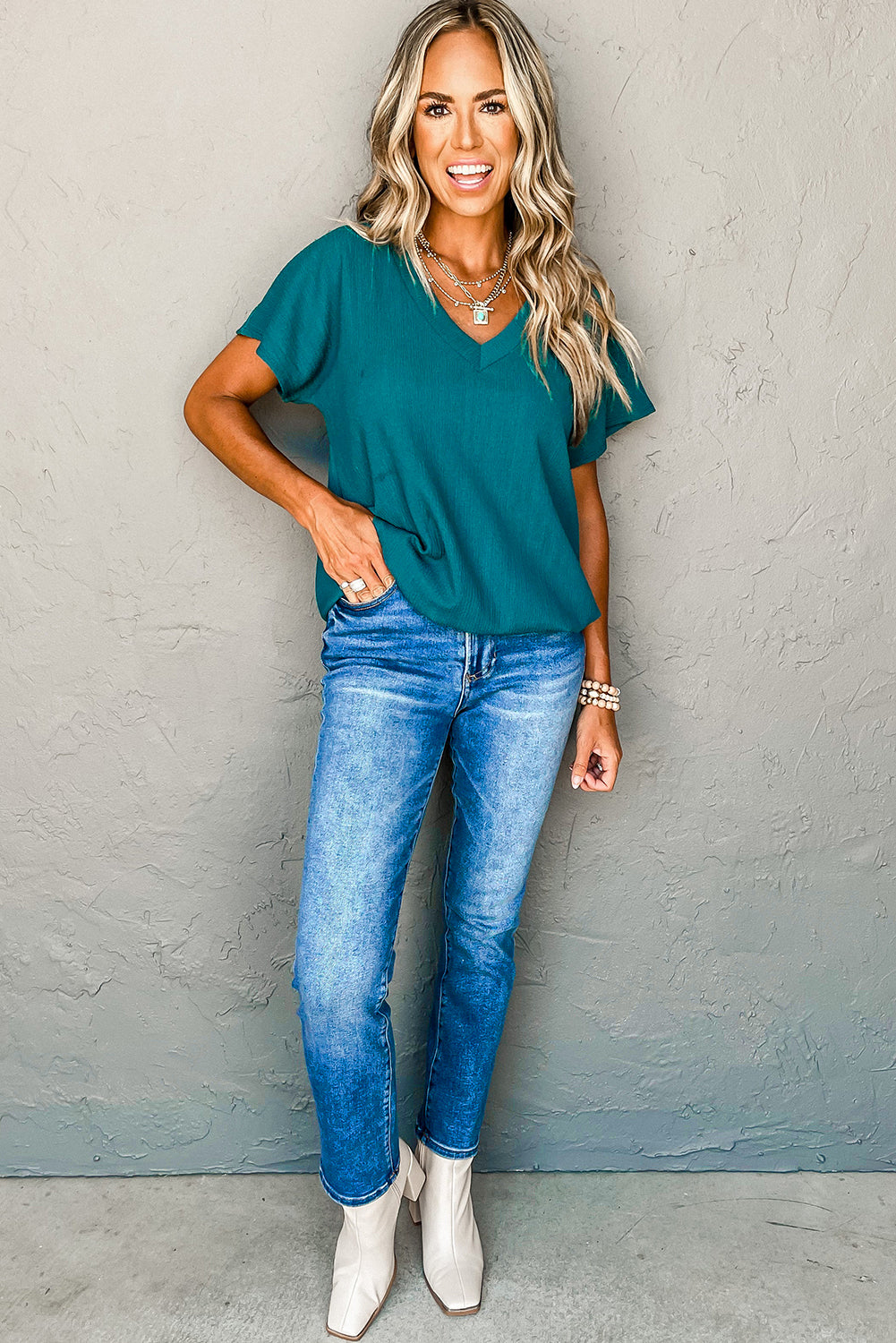 Crinkled V Neck Wide Sleeve T-Shirt | Blue Sapphire