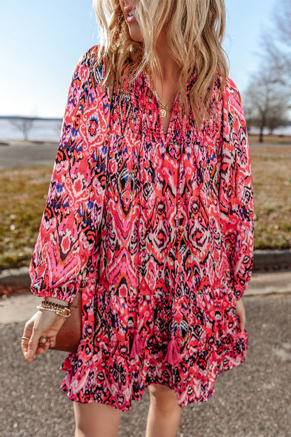 Abstract Printed Tassel Tied Neck Long Sleeve Ruffled Mini Dress | Rose