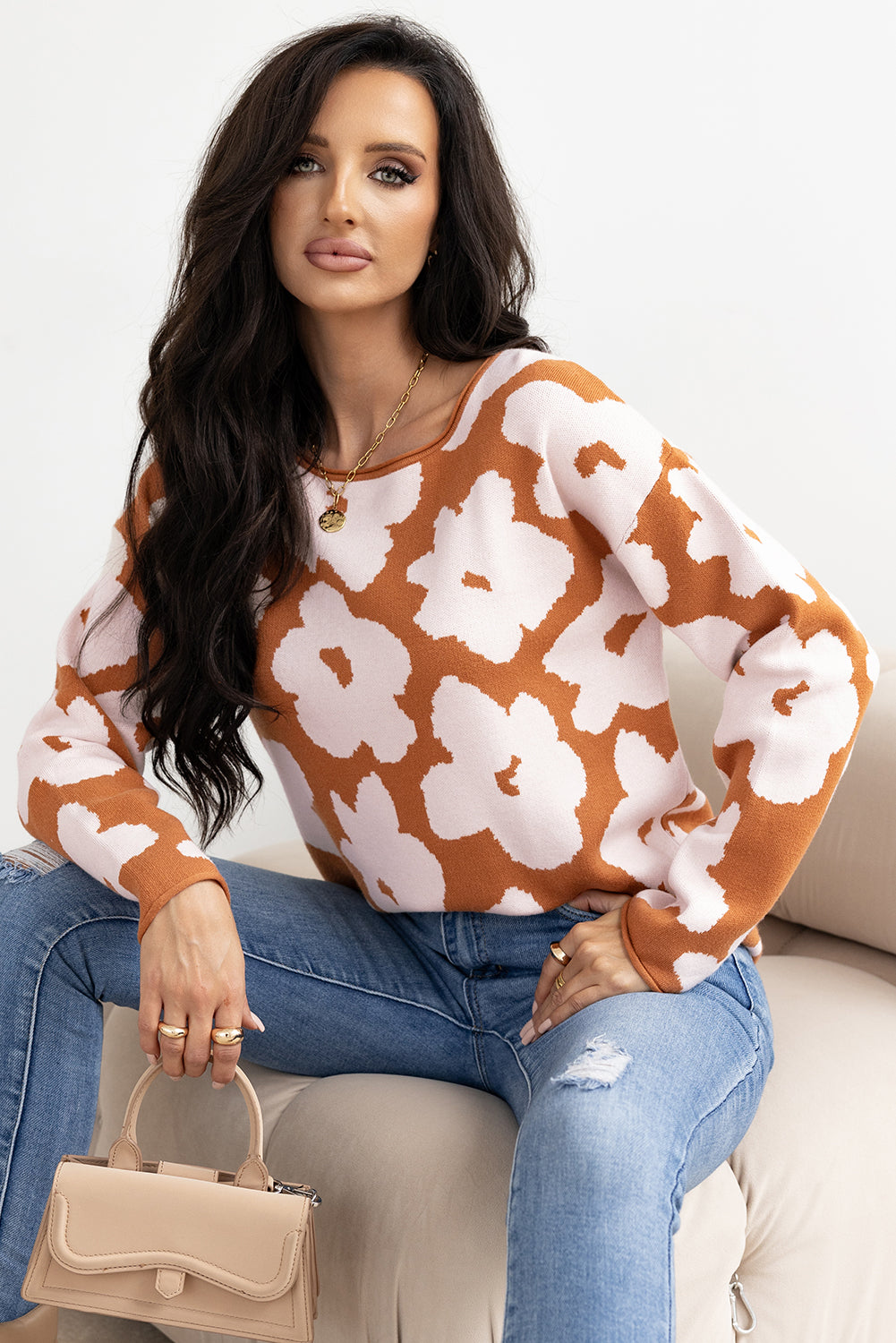 Floral Pattern Crew Neck Long Sleeve Loose Sweater | Brown