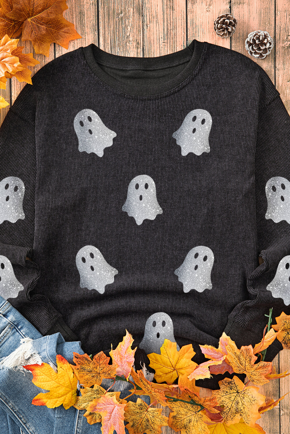 Halloween Ghost Corded Crew Neck Loose Sweatshirt | Black