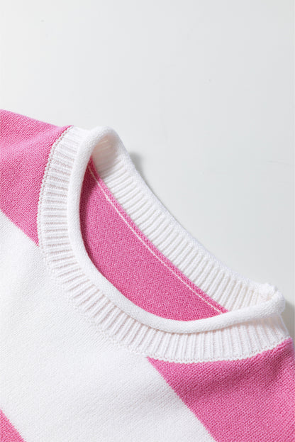 Dropped Short Sleeve Lightweight Knitted Top | Pink Stripe