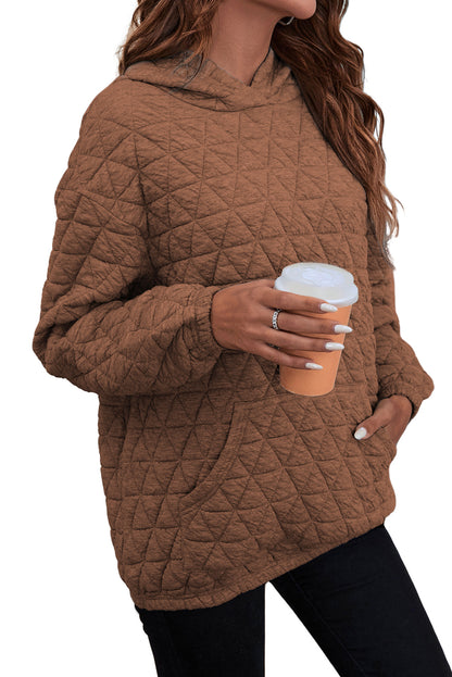 Solid Colour Quilted Kangaroo Pocket Hoodie | Coffee