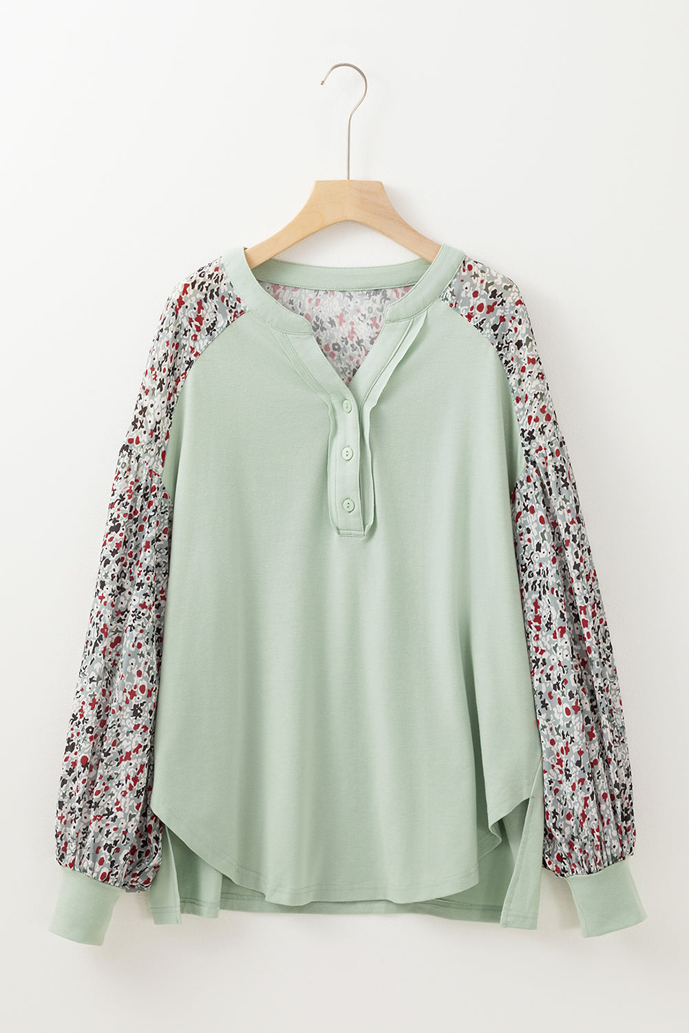 Contrast Printed Bubble Sleeve Henley Loose Top With Slits | Meadow Mist Green