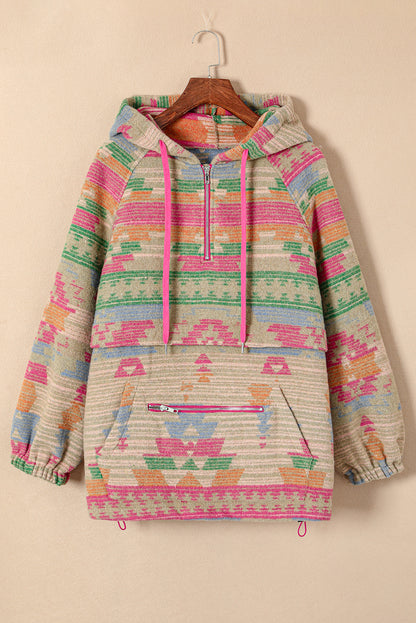 Plus Size Western Aztec Geometric Pattern Zip Up Hoodie | Multicolour