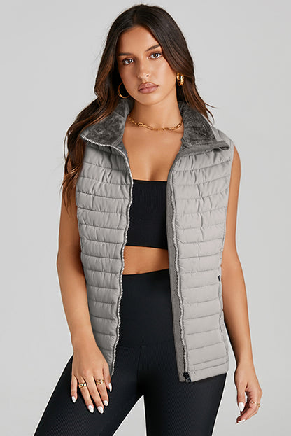 Plush Collared Quilted Zipped Puffer Vest | Silvery