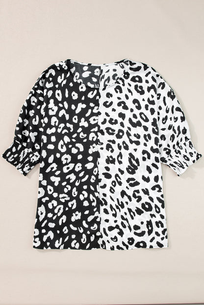 Plus Size Contrast Leopard Half Sleeve Blouse | Black