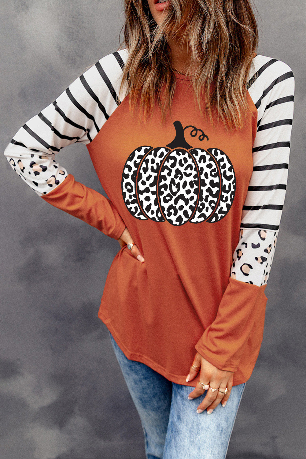 Leopard Pumpkin Graphic Contrast Long Sleeve Top | Orange