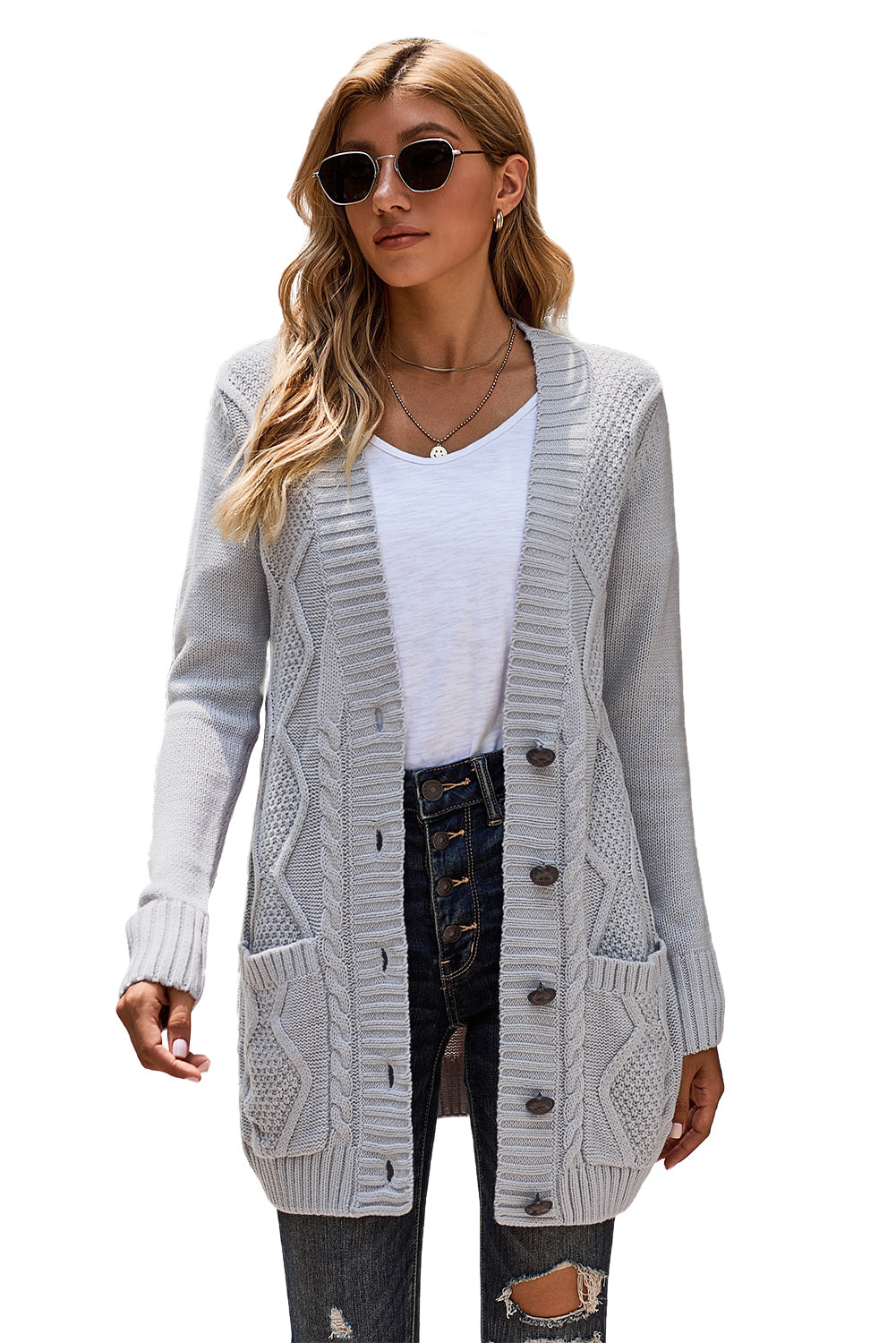 Front Pocket And Buttons Closure Cardigan | Gray