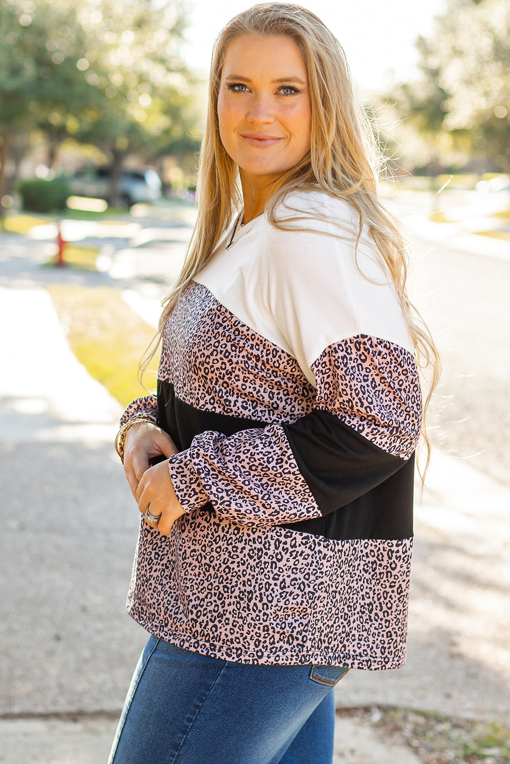 Leopard Print Colourblock V Neck Long Sleeve Plus Size Top | Black