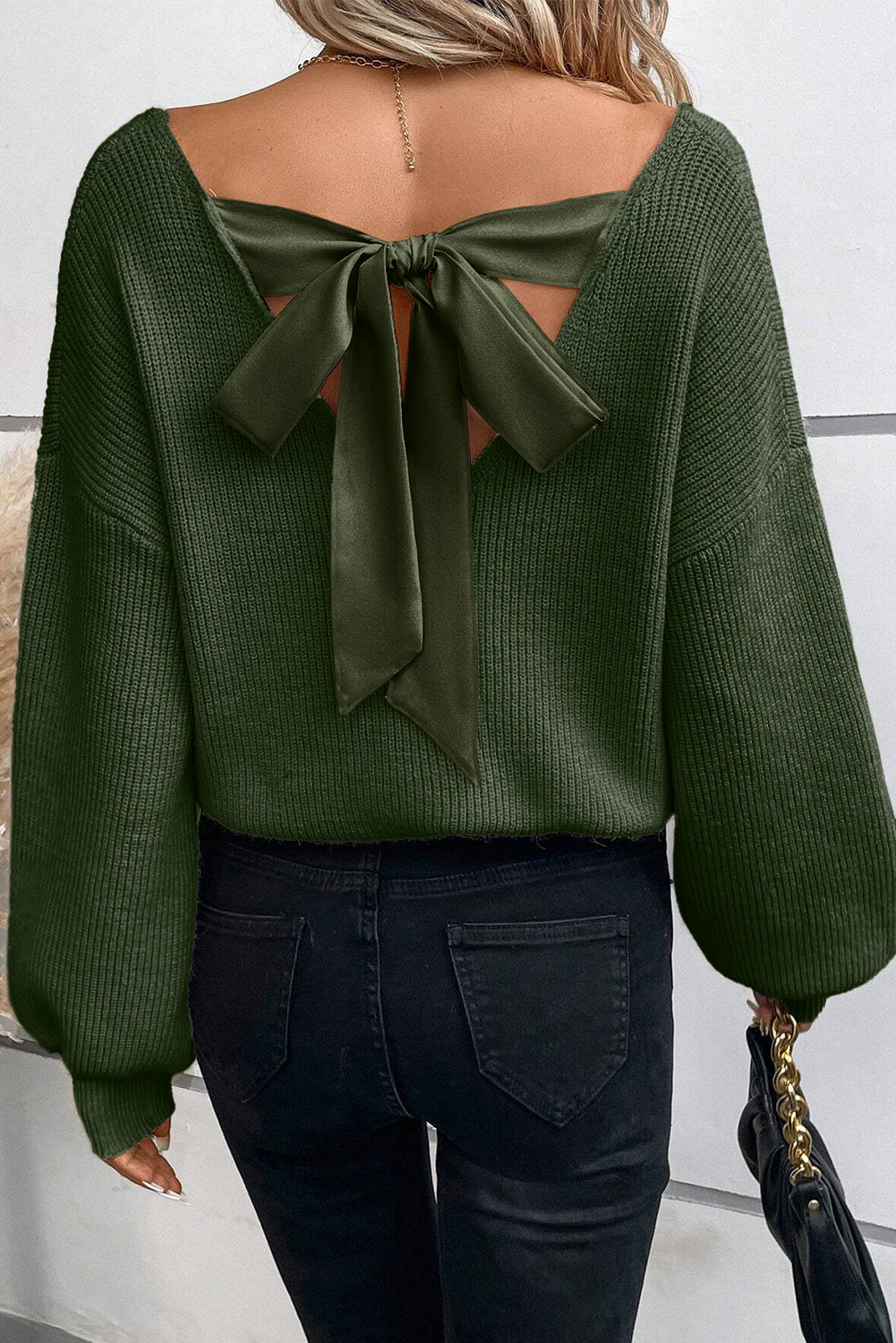 Lantern Sleeve V Neck Knot Back Sweater | Jungle Green