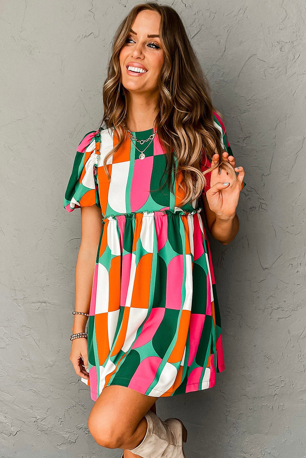 Abstract Print Puff Sleeve Short Dress | Green