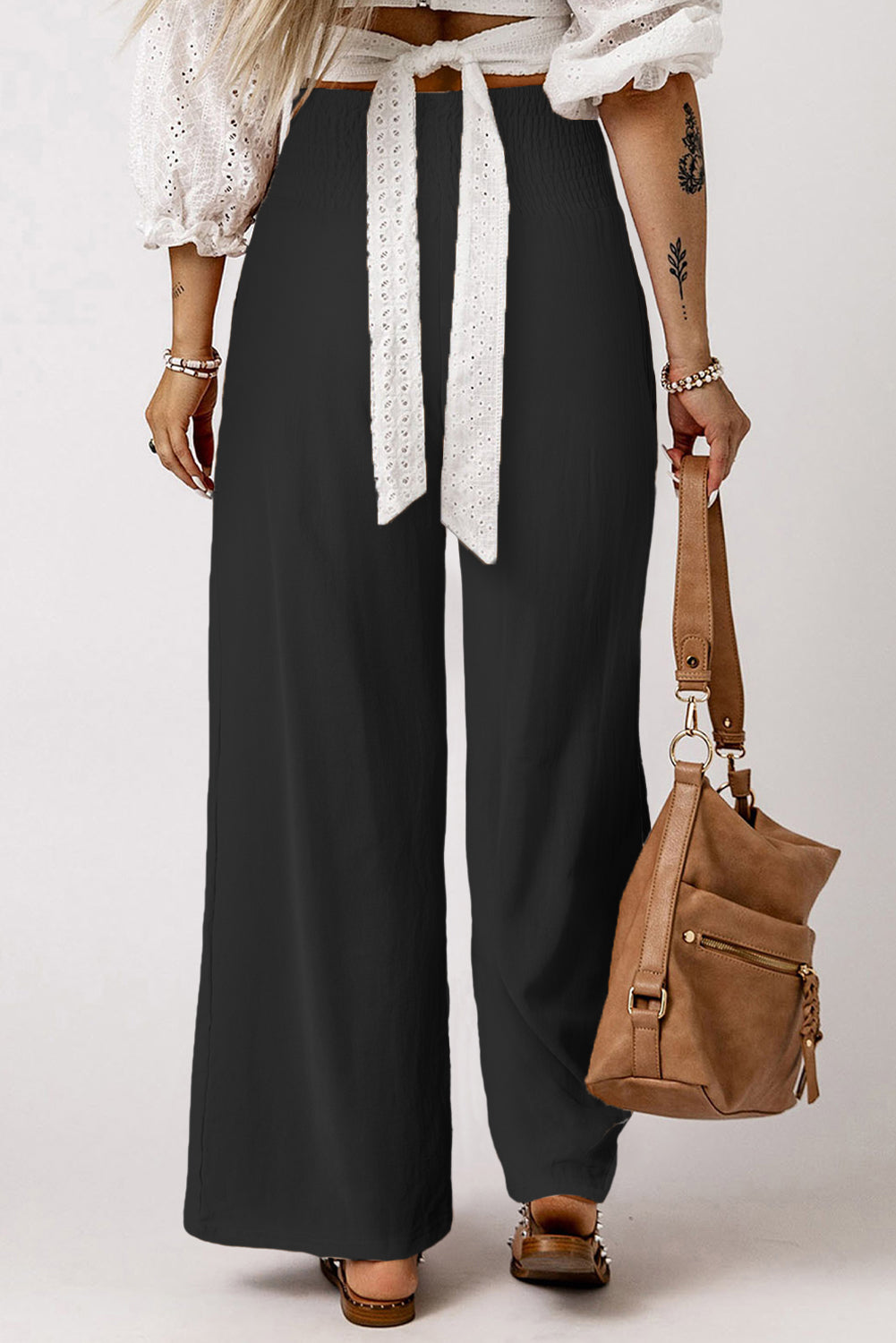 Smocked Wide Waistband High Waist Wide Leg Pants | Black