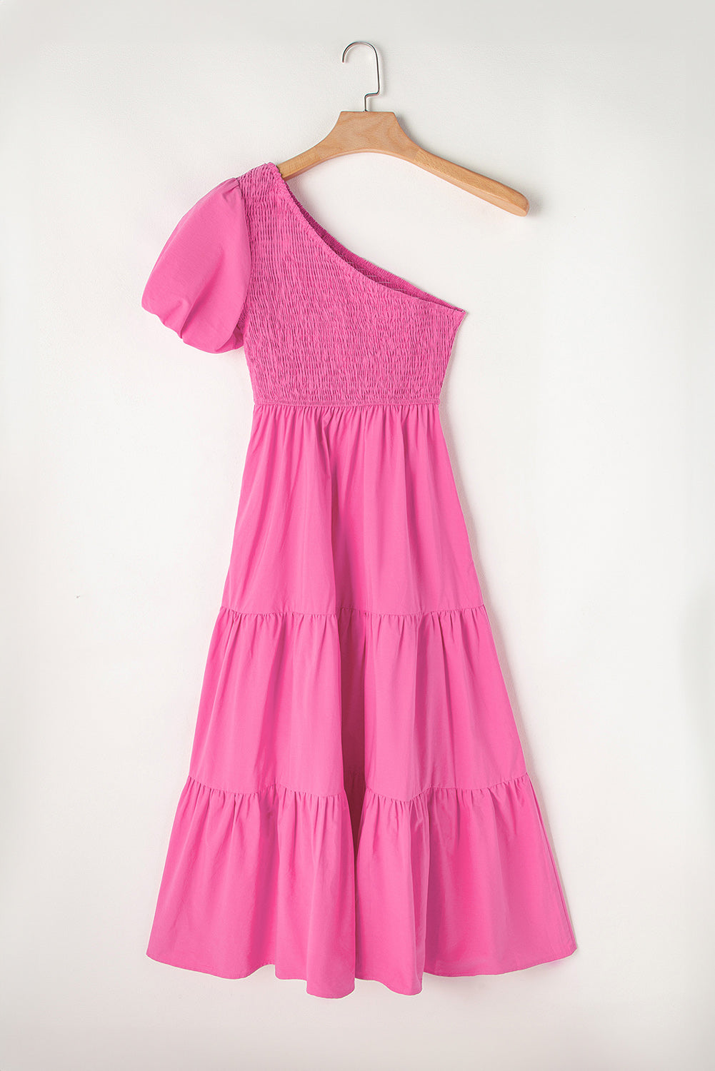 Asymmetric Puff Sleeve Smocked Bodice Tiered Midi Dress | Strawberry Pink