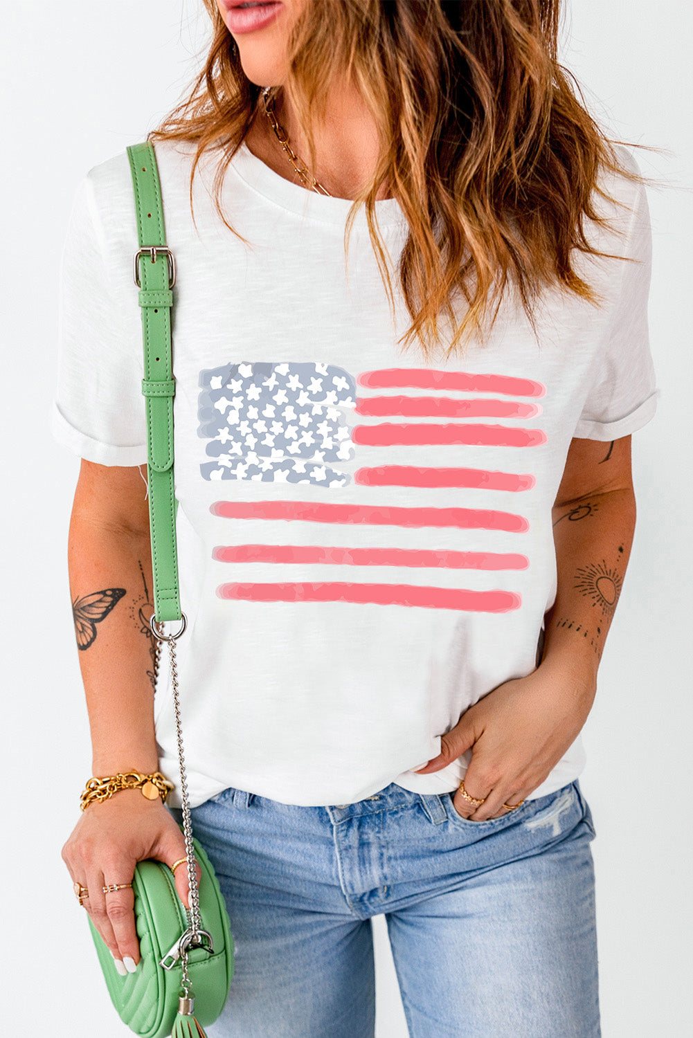 American Flag Pattern Crew Neck Short Sleeve Tee | White