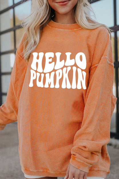 Hello Pumpkin Letter Graphic Corded Sweatshirt | Orange