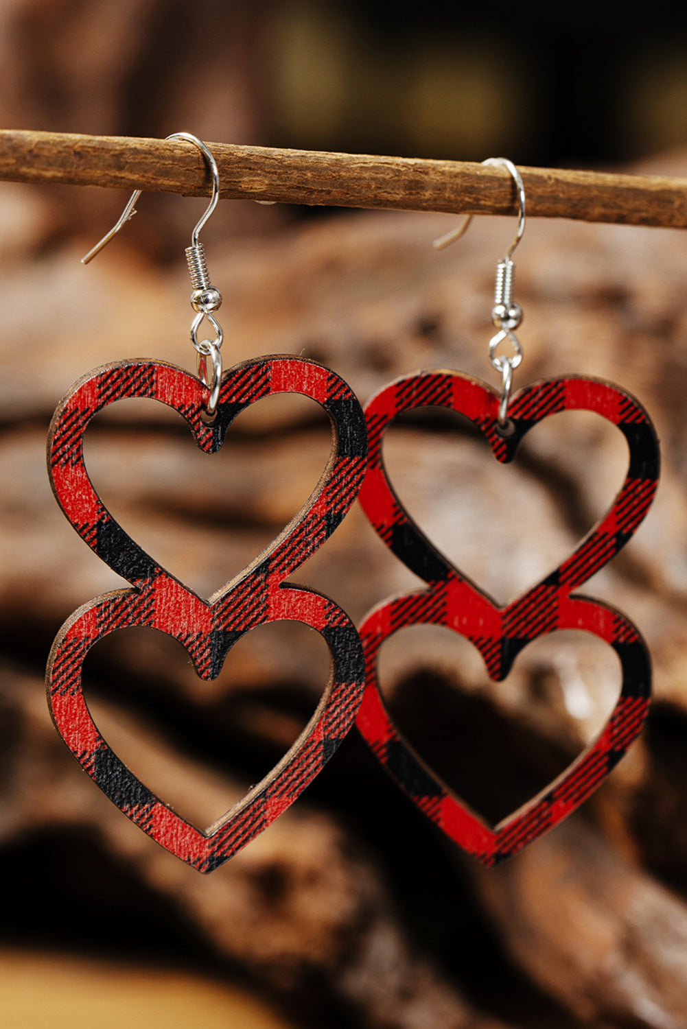 Fiery Red Valentines Day Plaid Double Love Heart Wooden Earrings