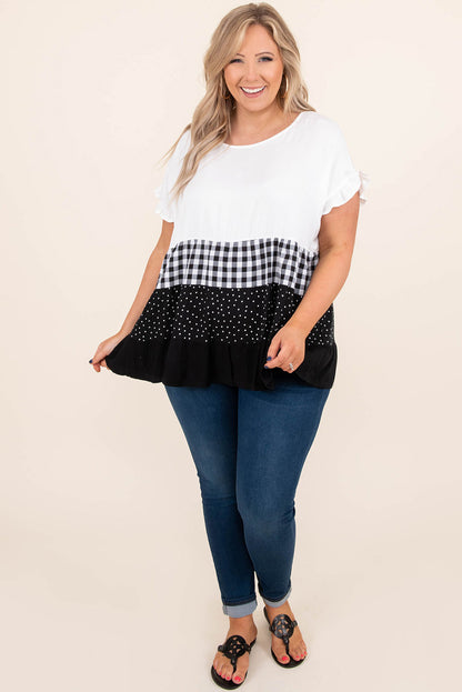 Plaid Dot Ruffled Plus Size Babydoll Top | White